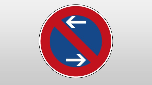 Eingeschränktes Halteverbot mit zwei Pfeilen: Hier ist die Mitte des Haltverbots gekennzeichnet; kurzes Halten ist erlaubt.