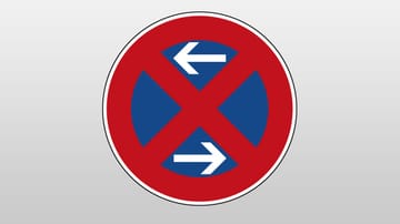 Absolutes Halteverbot mit zwei Pfeilen: Hier ist die Mitte des Haltverbots gekennzeichnet; weder Parken noch Halten ist erlaubt.