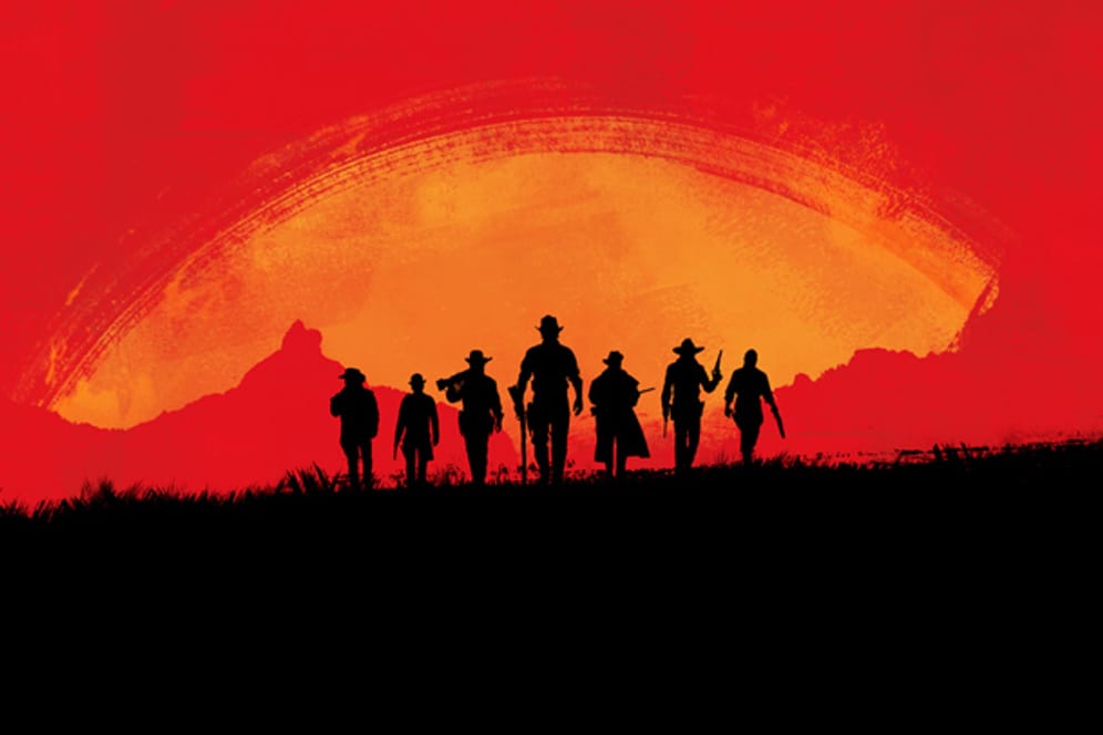 Sieben stilisierte Western-Figuren mit Gewehr und Colt bewaffnet vor der untergehenden Sonne: Rockstar Games hat Red Dead Redemption 2 angekündigt.