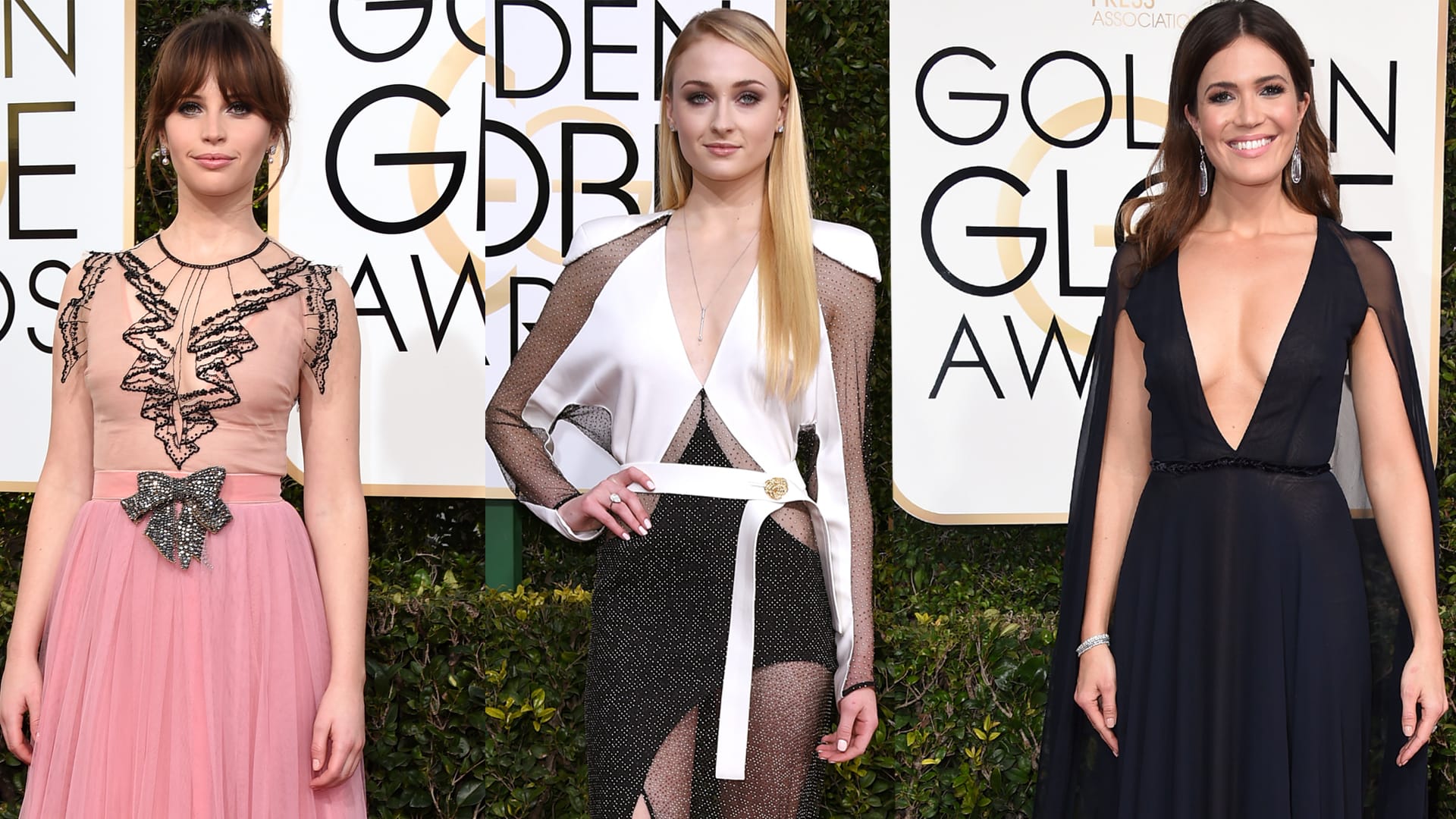 Felicity Jones, Sophie Turner und Mandy Moore bei der "Golden Globe"-Verleihung.