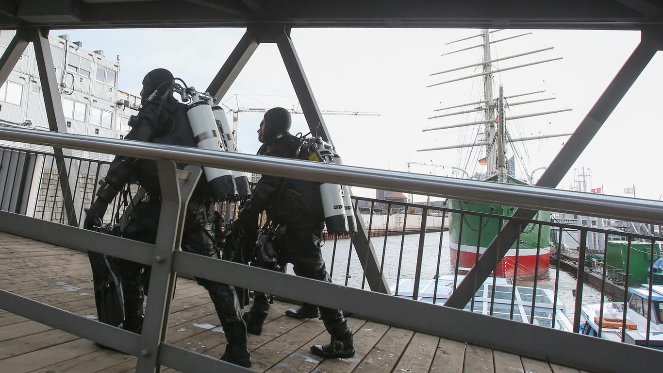 Taucher gehen an der Elbe in Hamburg über eine Brücke, im Hintergrund ist das Museumsschiff Rickmer Rickmers zu sehen.
