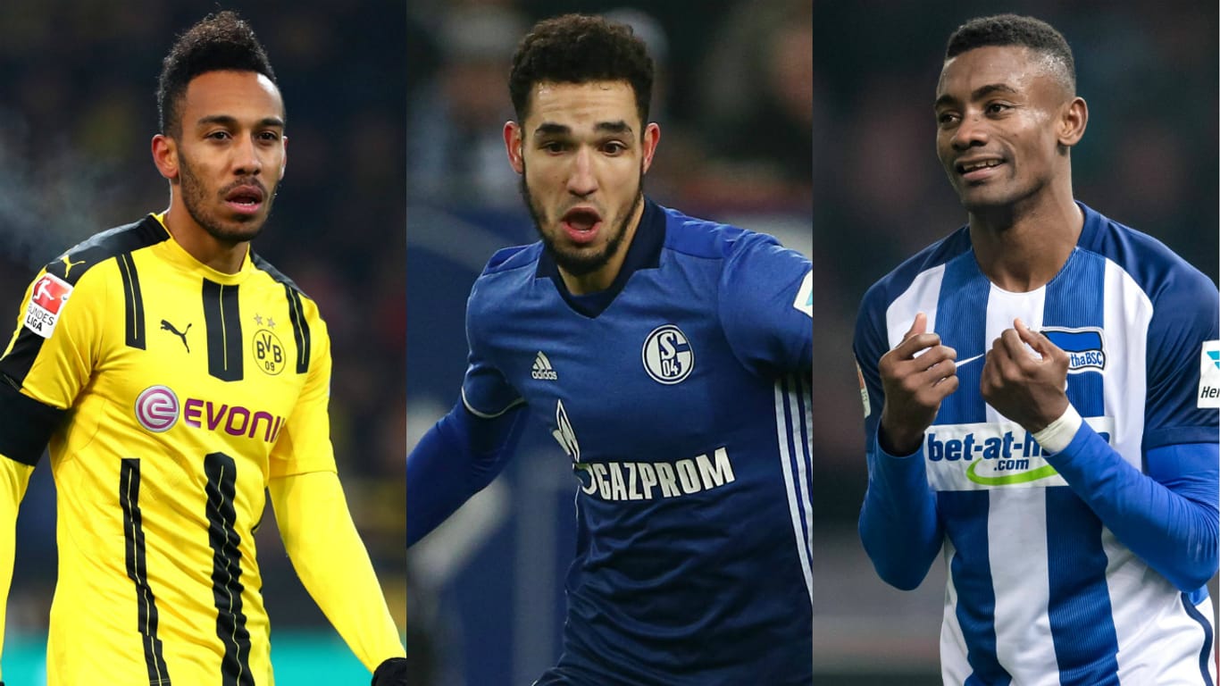 BVB-Stürmer Pierre-Emerick Aubameyang, Schalke-Profi Nabil Bentaleb und Hertha-Angreifer Salomon Kalou (v.li.) nehmen am Afrika Cup teil.