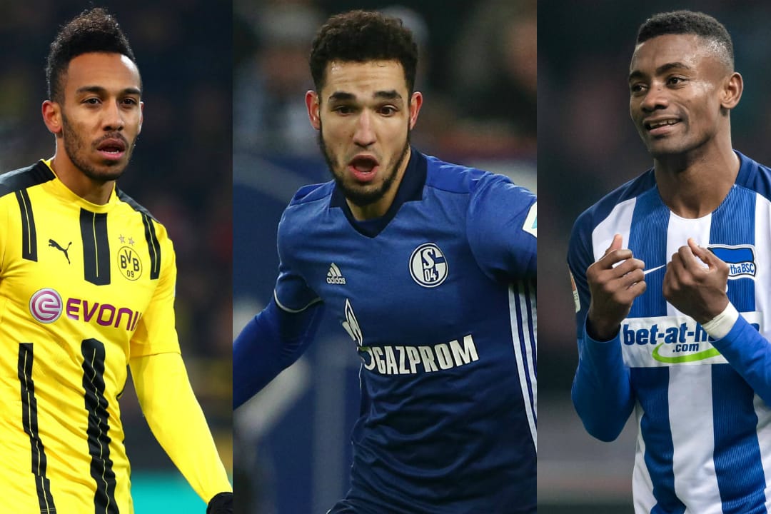 BVB-Stürmer Pierre-Emerick Aubameyang, Schalke-Profi Nabil Bentaleb und Hertha-Angreifer Salomon Kalou (v.li.) nehmen am Afrika Cup teil.