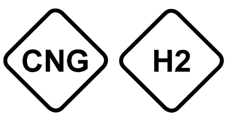 Neu sind auch Rautensymbole: links für komprimiertes Erdgas bzw. Methan, rechts für Wasserstoffgas.