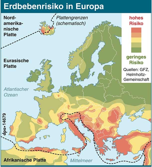 Die Grafik zeigt das unterschiedliche Erdbeben-Risiko in Europa.
