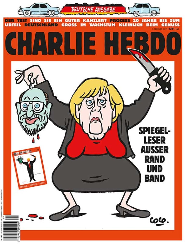 "Charlie Hebdo"-Cover zeigt Karikatur von Merkel als Henkerin mit dem abgetrennten Haupt des SPD-Kanzerkandidaten Martin Schulz in der rechten Hand. Auf dem Cover prangt auch das aktuelle Titelblatt des "Spiegel".