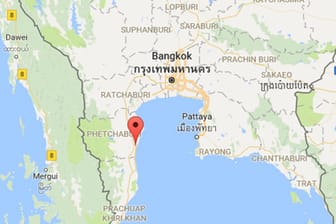 Die Karte zeigt einen Ausschnitt von Thailand, auf dem Cha Am markiert ist.