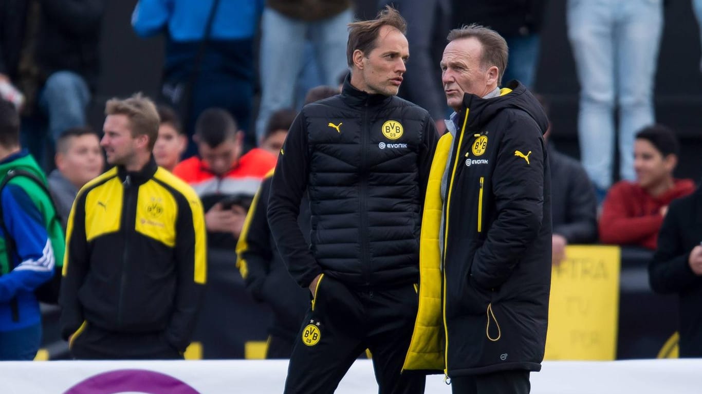 BVB-Trainer Thomas Tuchel (li.) und Geschäftsführer Hans-Joachim Watzke wollen die gemeinsame Zukunft nach Saisonende besprechen.
