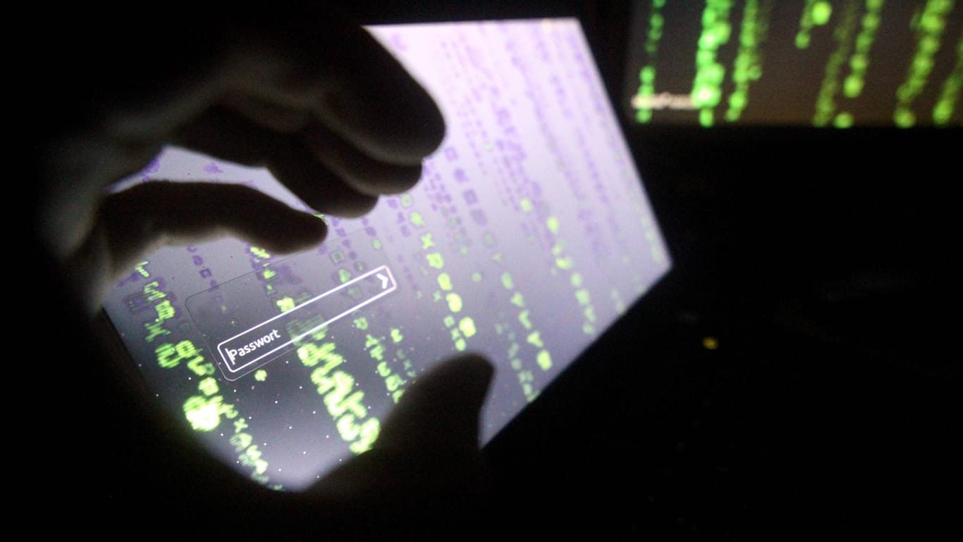 Symbolfoto zum Thema Internetkriminalität: Hand vor einem Monitor mit Passwort-Eingabe