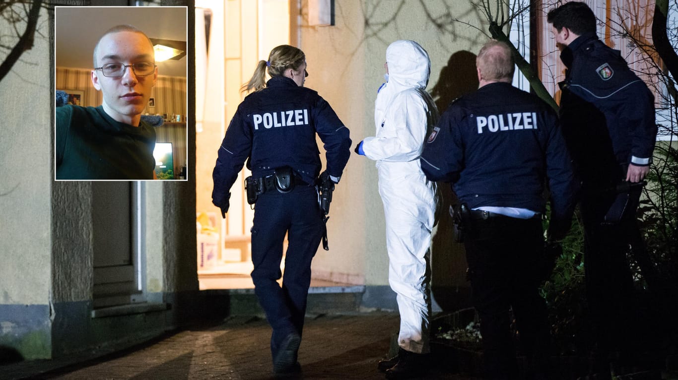 Polizisten am Tatort. Das Foto links oben zeigt den dringend tatverdächtigen 19-jährigen Mann aus Herne.