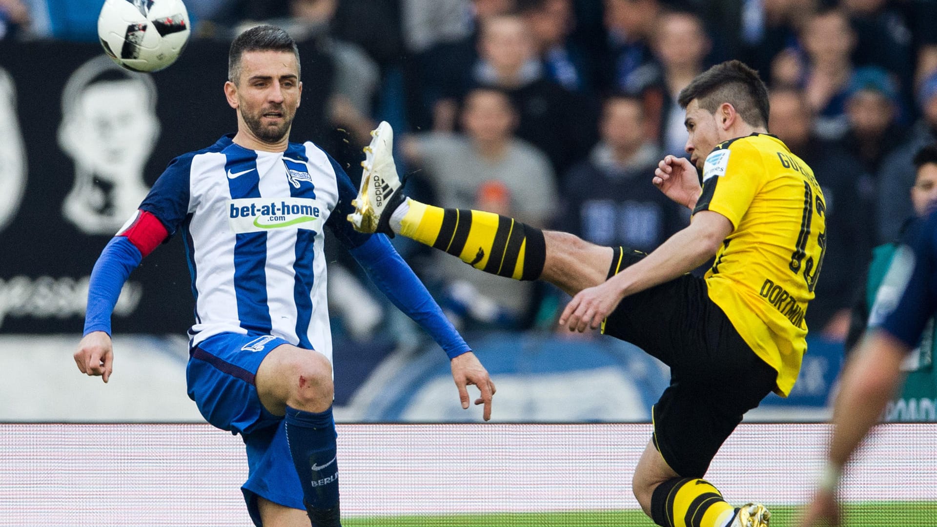 Herthas Vedad Ibisevic (li.) und Dortmunds Raphael Guerreiro kämpfen um den Ball. Herthas Vedad Ibisevic (li.) und Dortmunds Raphael Guerreiro kämpfen um den Ball.