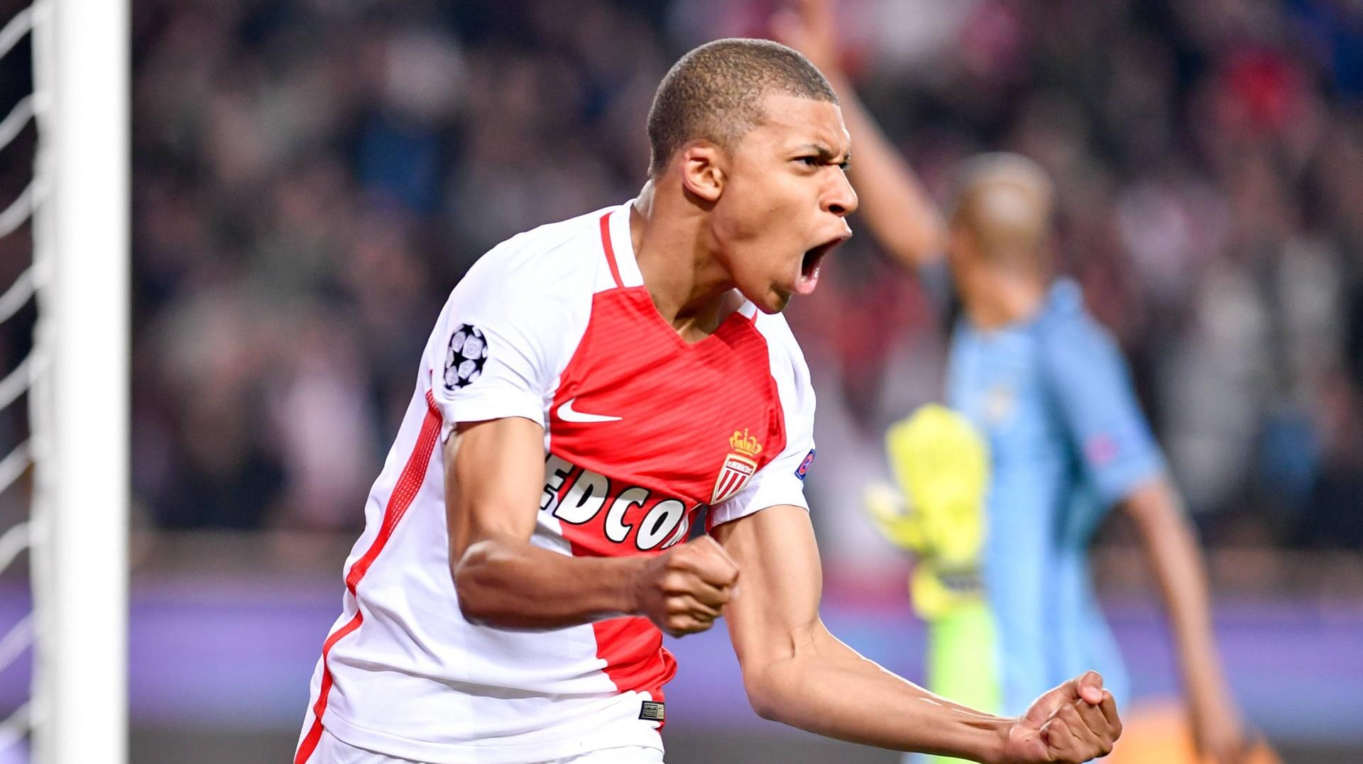 Kylian Mbappe jubelt über sein 1:0 gegen Manchester City (Endstand 3:1). Im Hinspiel (3:5) erzielte er sein erstes Tor in der Königsklasse.