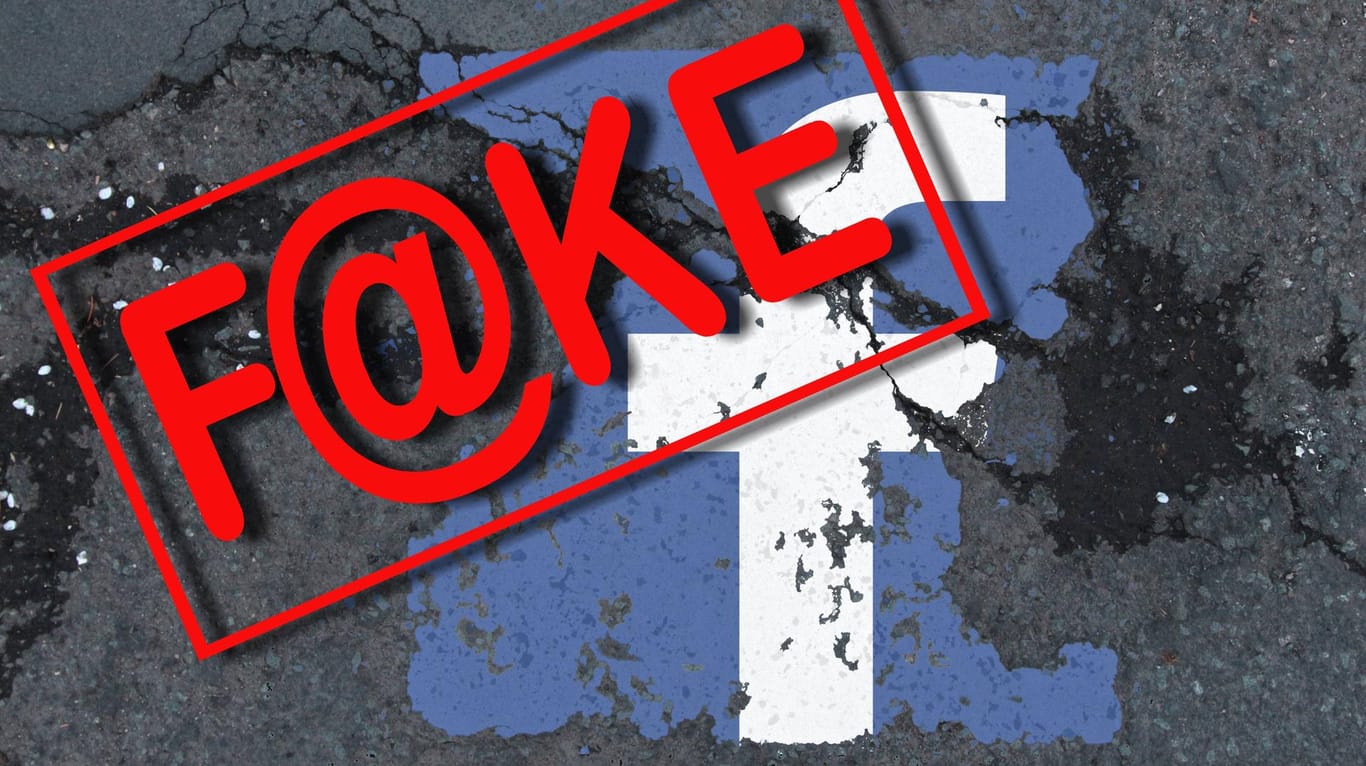 Symbolbild Fake News Schriftzug Faake News auf erodierendem Facebook Logo