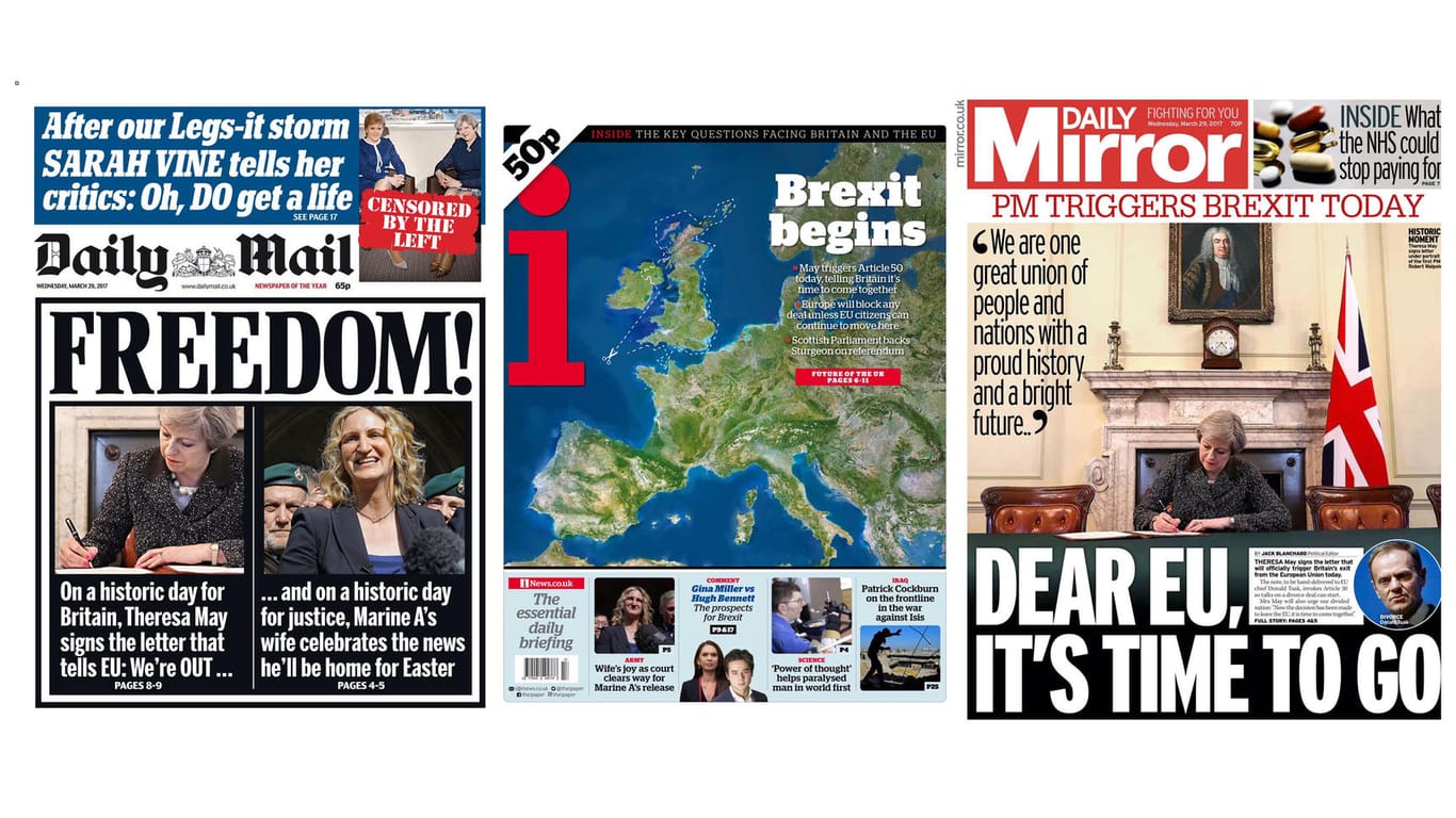 "Freiheit", "Brexit beginnt", "Zeit zu gehen": Die Titelseiten von "Daily Mail", "Independent" und "Daily Mirror".