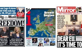 "Freiheit", "Brexit beginnt", "Zeit zu gehen": Die Titelseiten von "Daily Mail", "Independent" und "Daily Mirror".