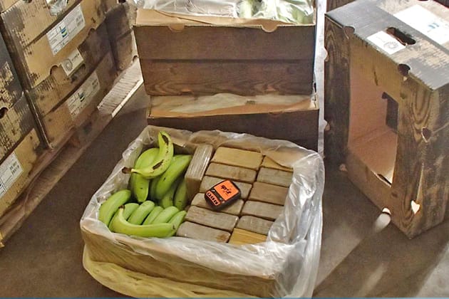 Eine der sichergestellten Bananenkisten voller Drogen. Ein Peilsender sollte die Drogen leichter auffindbar machen.