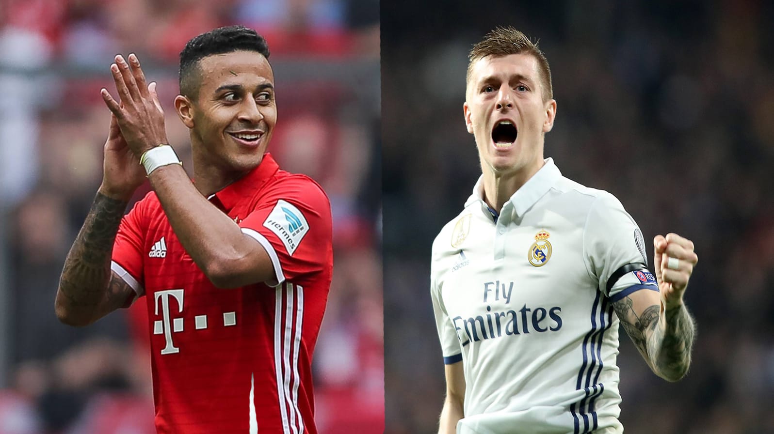 Beim Aufeinandertreffen des FC Bayern gegen Real Madrid stehen die Mittelfeld-Regisseure Thiago und Kroos im Mittelpunkt. Beim Aufeinandertreffen des FC Bayern gegen Real Madrid stehen die Mittelfeld-Regisseure Thiago und Kroos im Mittelpunkt.