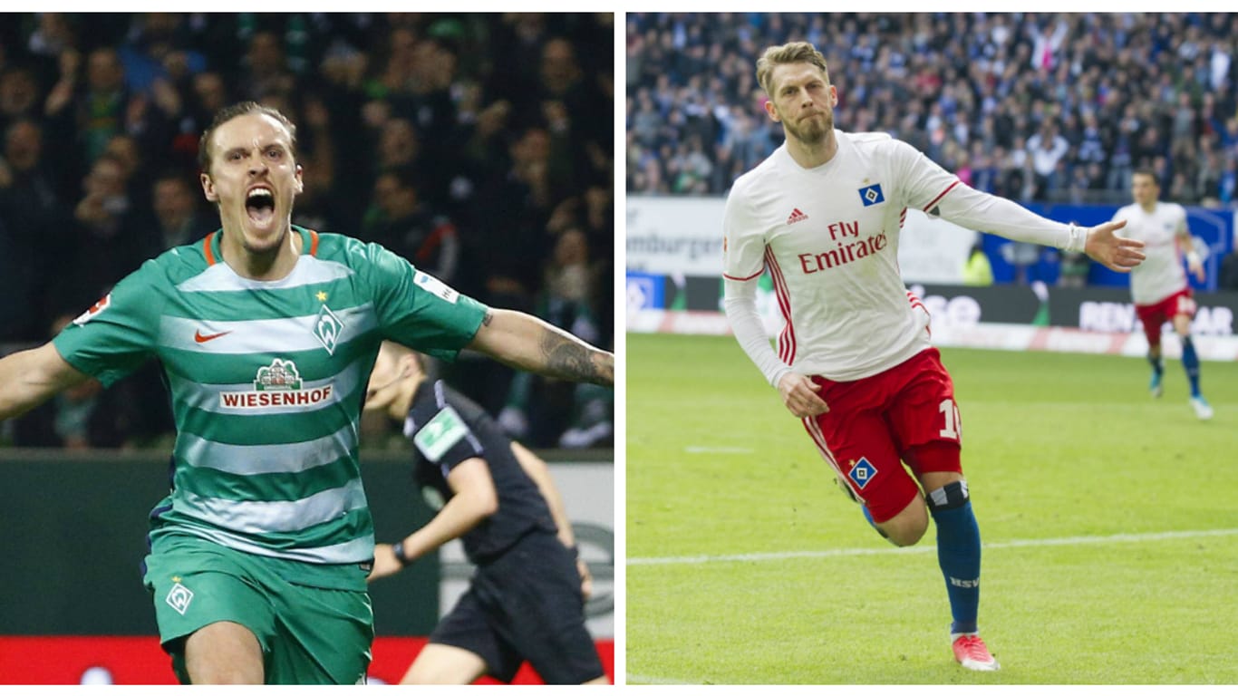 Max Kruse (l.) und Werder Bremen empfangen den HSV um Aaron Hunt (r.).