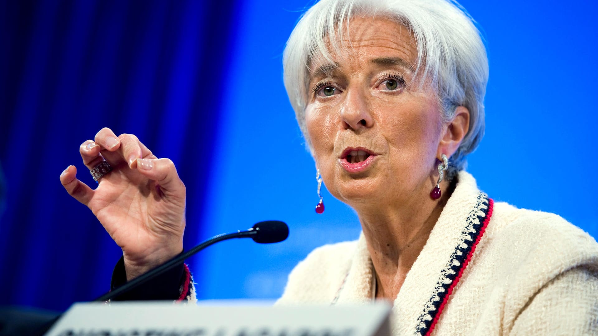 IWF-Chefin Christine Lagarde bei einer Pressekonferenz in der IWF-Zentrale.