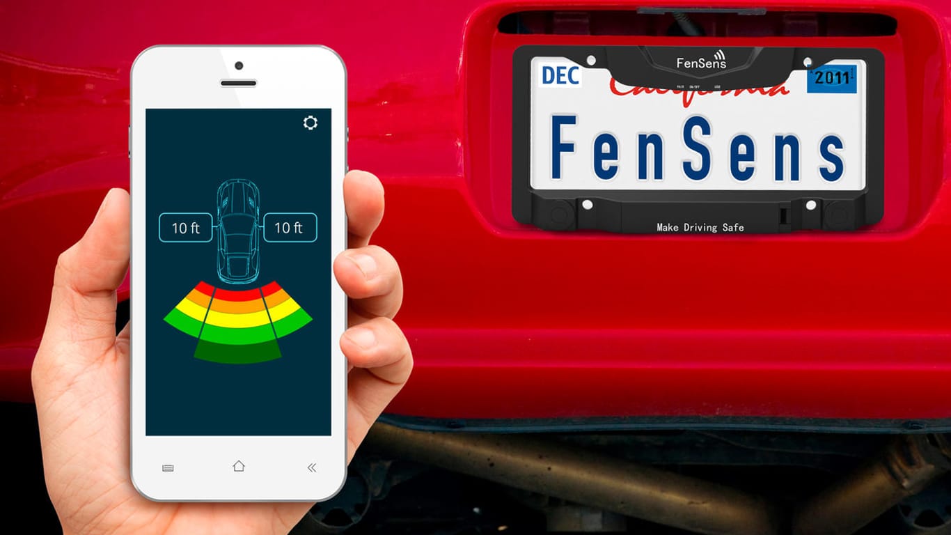 Clevere Idee von Fensens: Ein in der Kennzeichenhalterung integrierter Abstandswarner, der sich mit dem Smartphone verbinden lässt.
