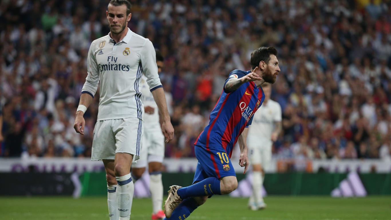 Das 1:1: Lionel Messi feiert seinen Treffer, Reals Gareth Bale ist enttäuscht.