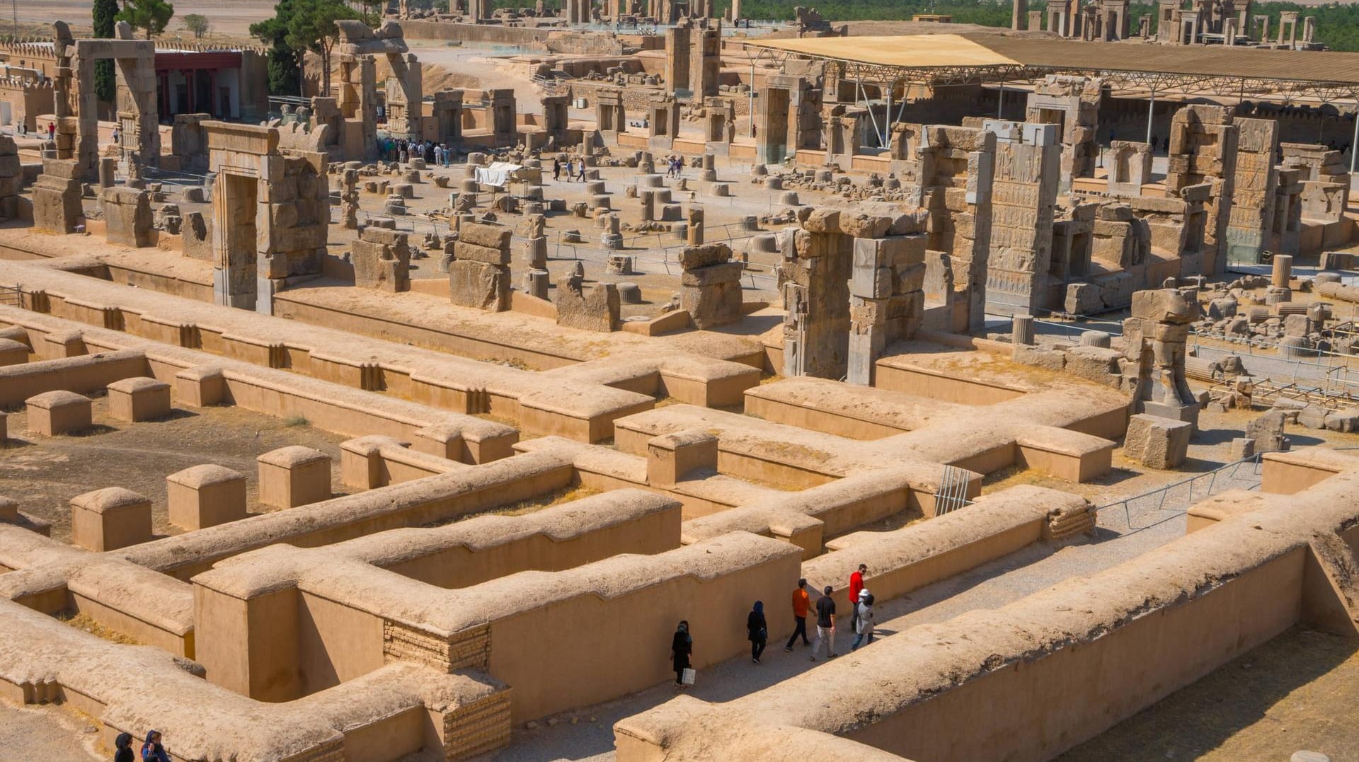 Overview of Persepolis from Tomb of Artaxerxes III Palace of 100 Columns in centre Treasury in for