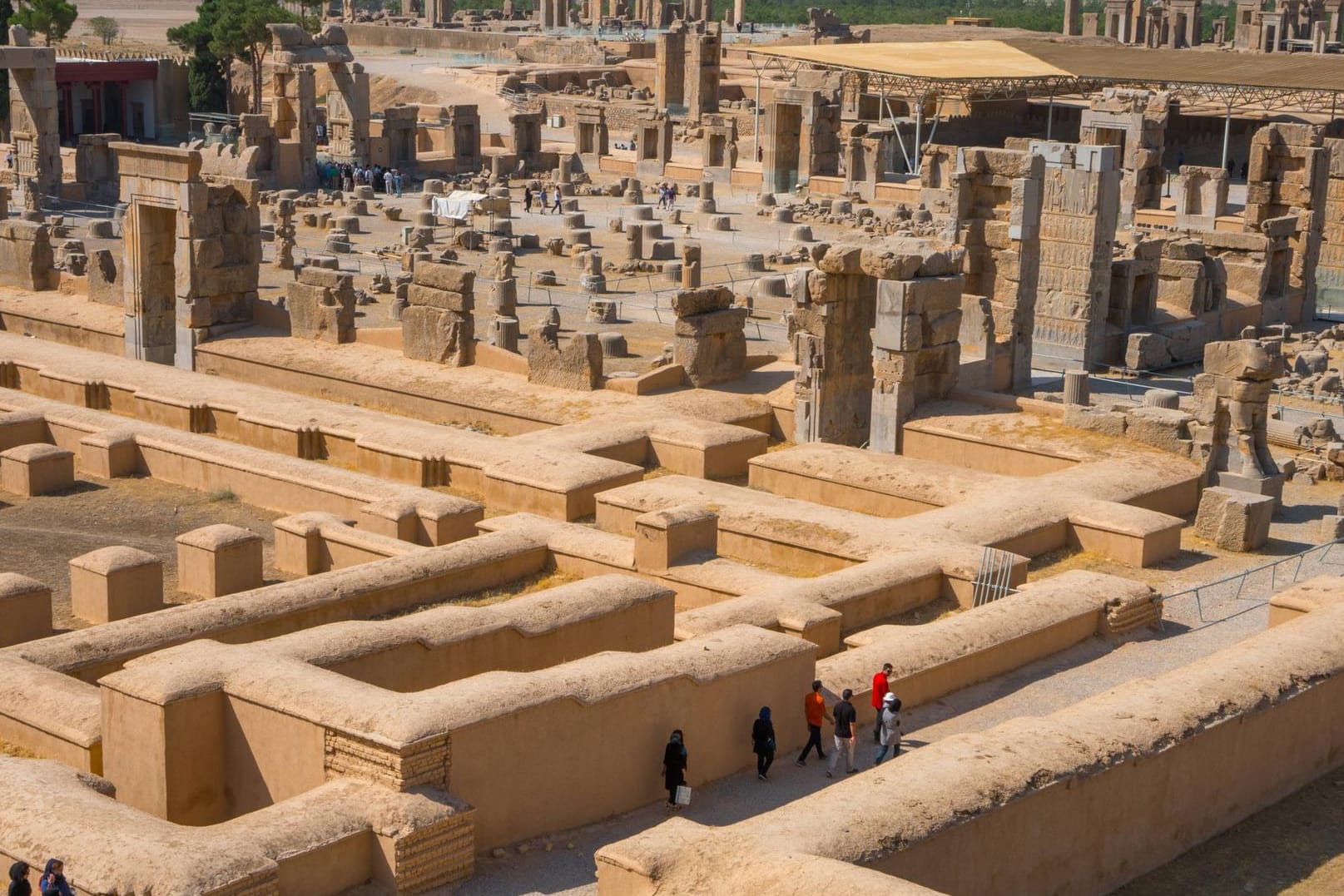 Overview of Persepolis from Tomb of Artaxerxes III Palace of 100 Columns in centre Treasury in for