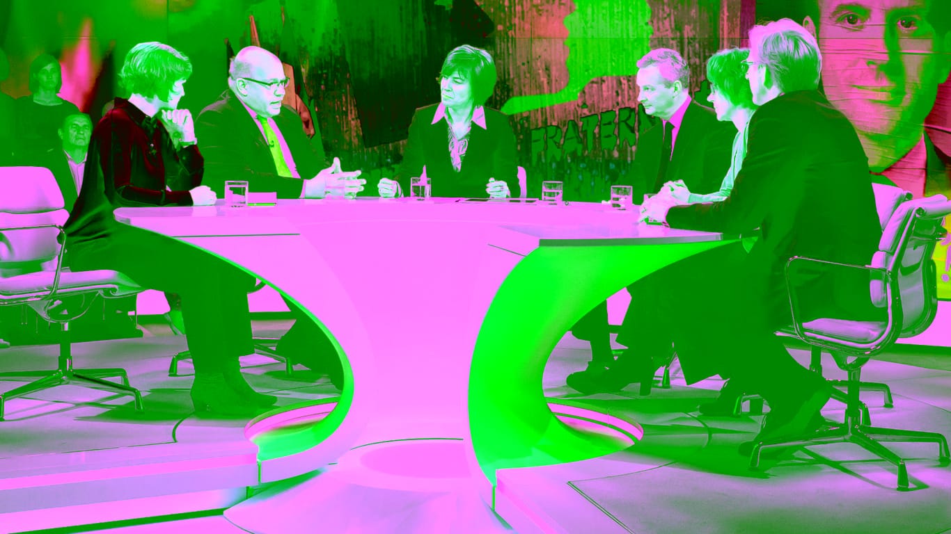 Gast beim TV-Talk "Maybrit Illner": Katja Kipping, Peter Altmaier, Maybrit Illner, Bruno Le Maire, Ulrike Guérot, Theo Koll (v.l.)
