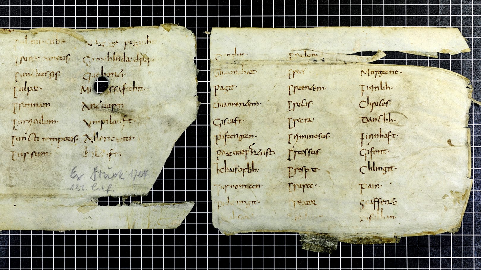 Das undatierte Handout zeigt die beiden Seiten eines Fragments des Abrogans. Das undatierte Handout zeigt die beiden Seiten eines Fragments des Abrogans.