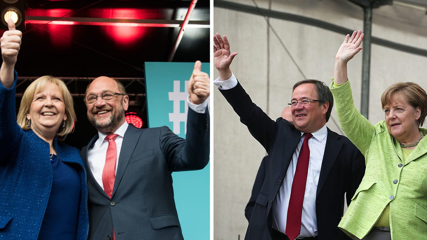 Hannelore Kraft und Martin Schulz sowie Armin Laschet und Kanzlerin Angela Merkel machen noch Wahlkampf auf den letzten Metern.