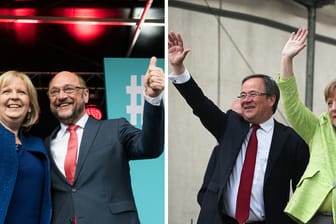 Hannelore Kraft und Martin Schulz sowie Armin Laschet und Kanzlerin Angela Merkel machen noch Wahlkampf auf den letzten Metern.