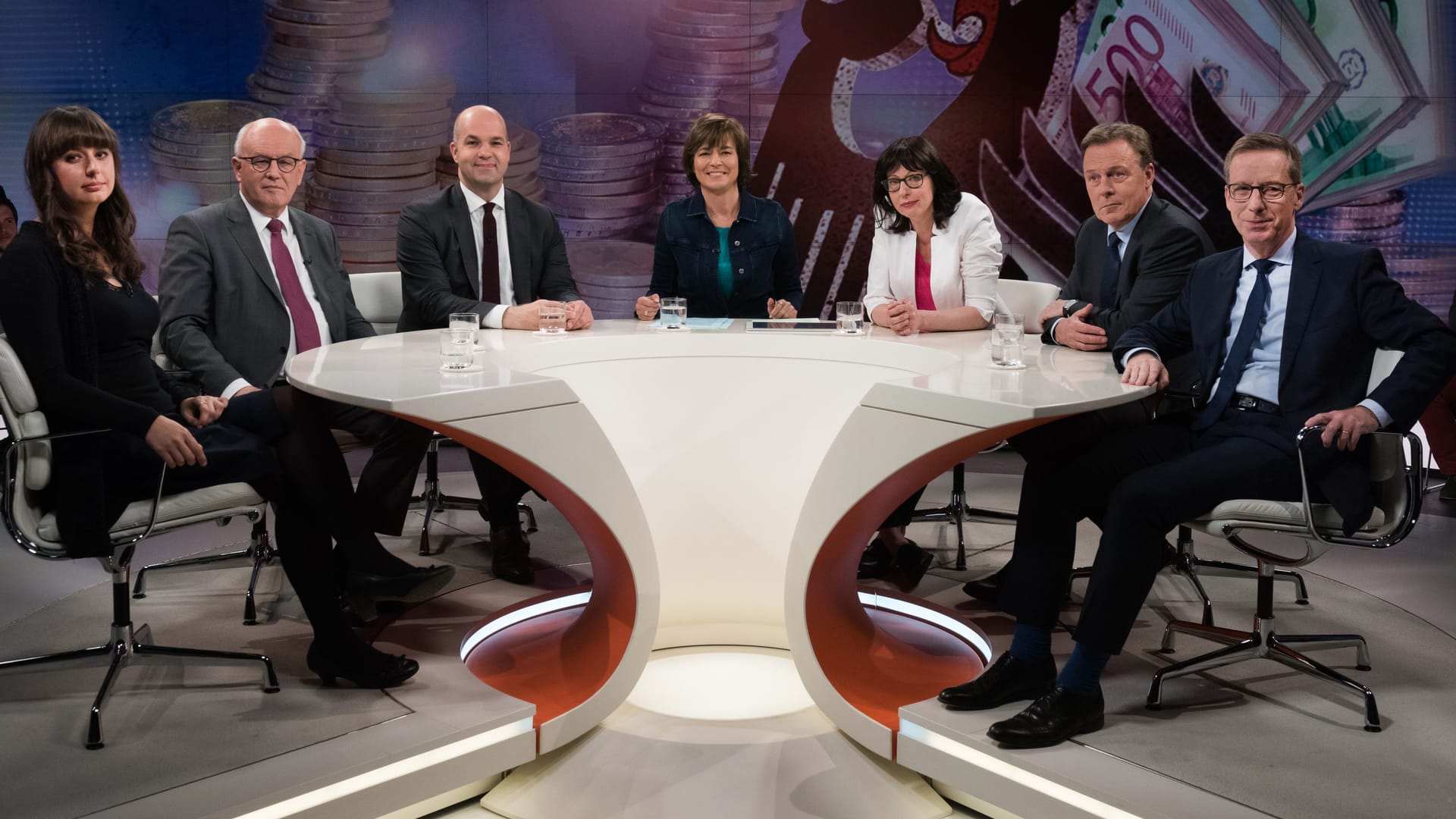 Katharina Nocun, Volker Kauder, Marcel Fratzscher, Maybrit Illner, Elisabeth Niejahr, Thomas Oppermann, Michael Hüther (v.l.)