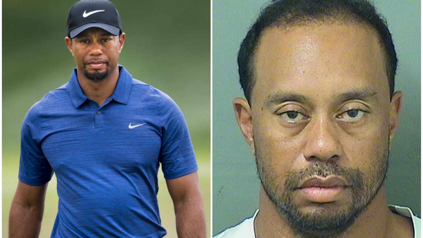 Woods bei einem Turnier in Dubai im Februar (li.) und auf dem Polizeifoto von der Festnahme - der Star-Golfer sah schon einmal besser aus.