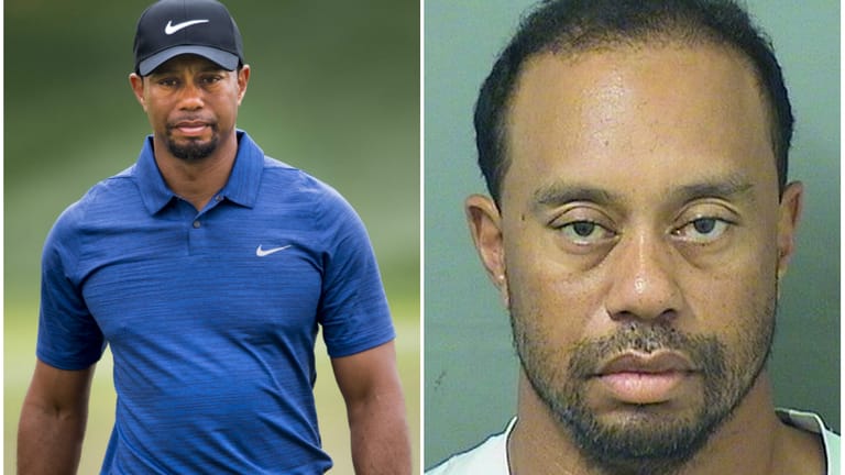 Woods bei einem Turnier in Dubai im Februar (li.) und auf dem Polizeifoto von der Festnahme - der Star-Golfer sah schon einmal besser aus.