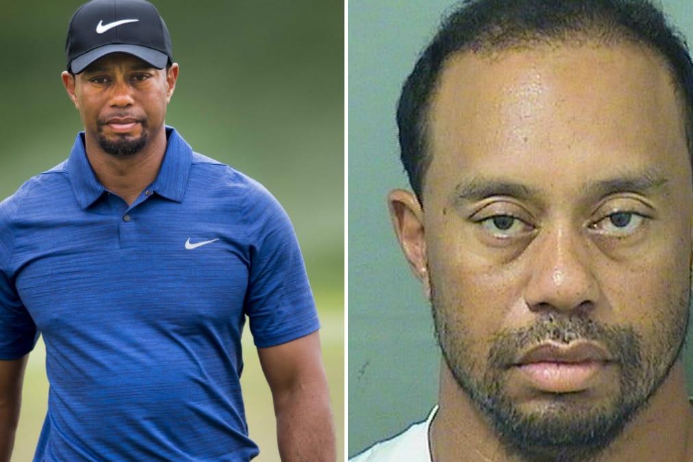 Woods bei einem Turnier in Dubai im Februar (li.) und auf dem Polizeifoto von der Festnahme - der Star-Golfer sah schon einmal besser aus.