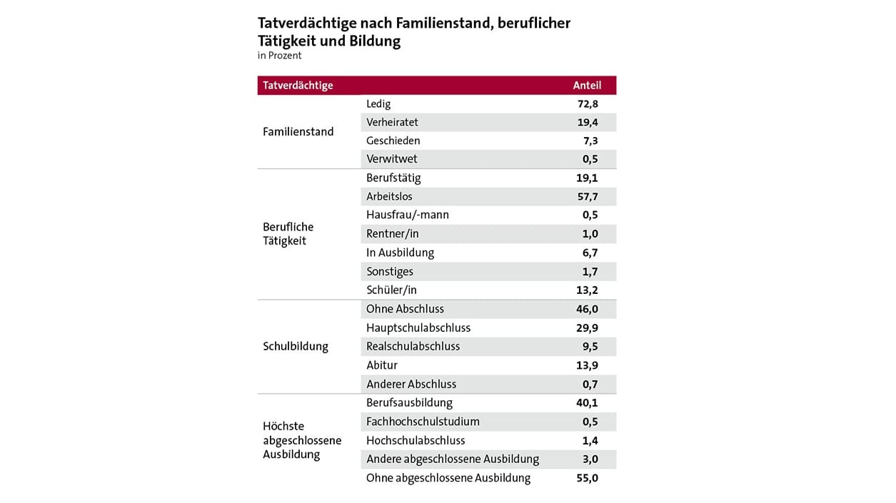 Tatverdächtige nach Familienstand, beruflicher Tätigkeit und Bildung