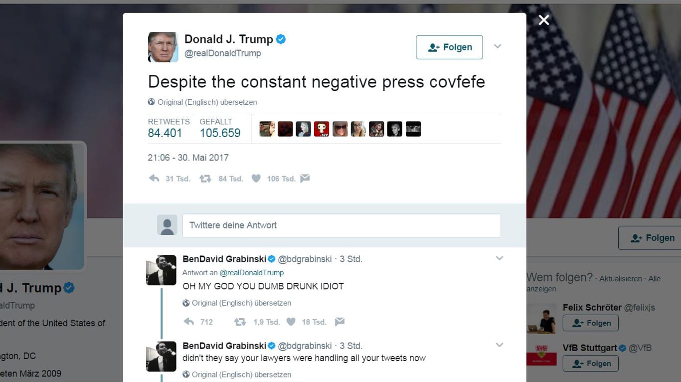 Der "covfefe"-Tweet von Donald Trump als Screenshot.