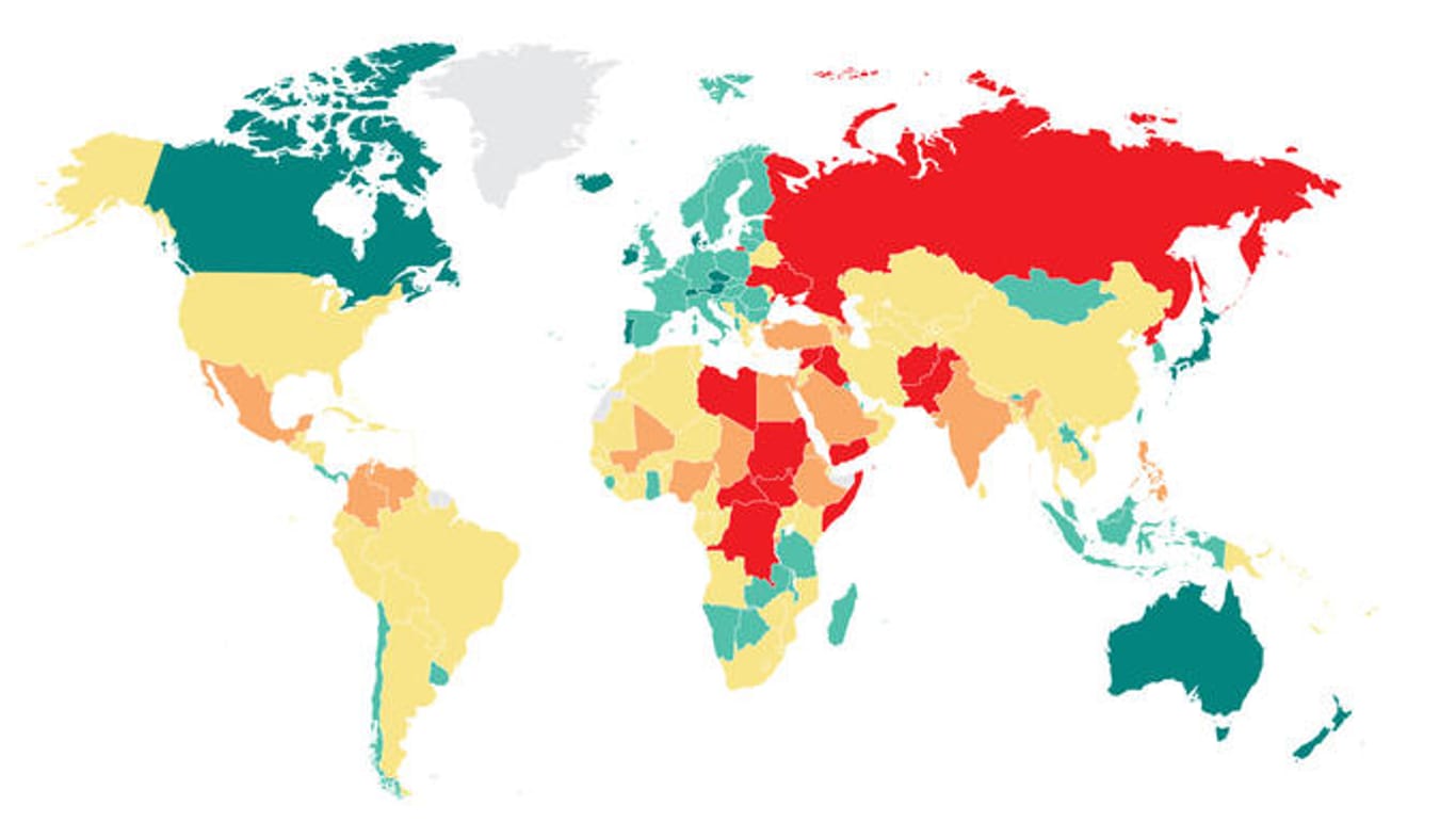 Die Sicherheitslage weltweit (grün = sicher, rot = unsicher)