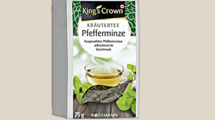 Rossmann bewirbt den Pfefferminz-Tee von "King's Crown" mit: "Erfrischend im Geschmack".