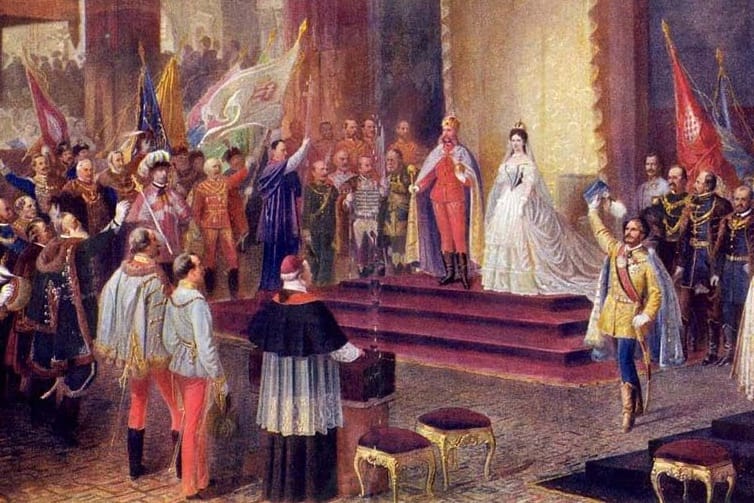 Der Maler Edmund Tull hielt die Krönung von Kaiser Franz Joseph I. und seiner Gemahlin Elisabeth, genannt Sisi, zum Königspaar von Ungarn in einem Gemälde fest.