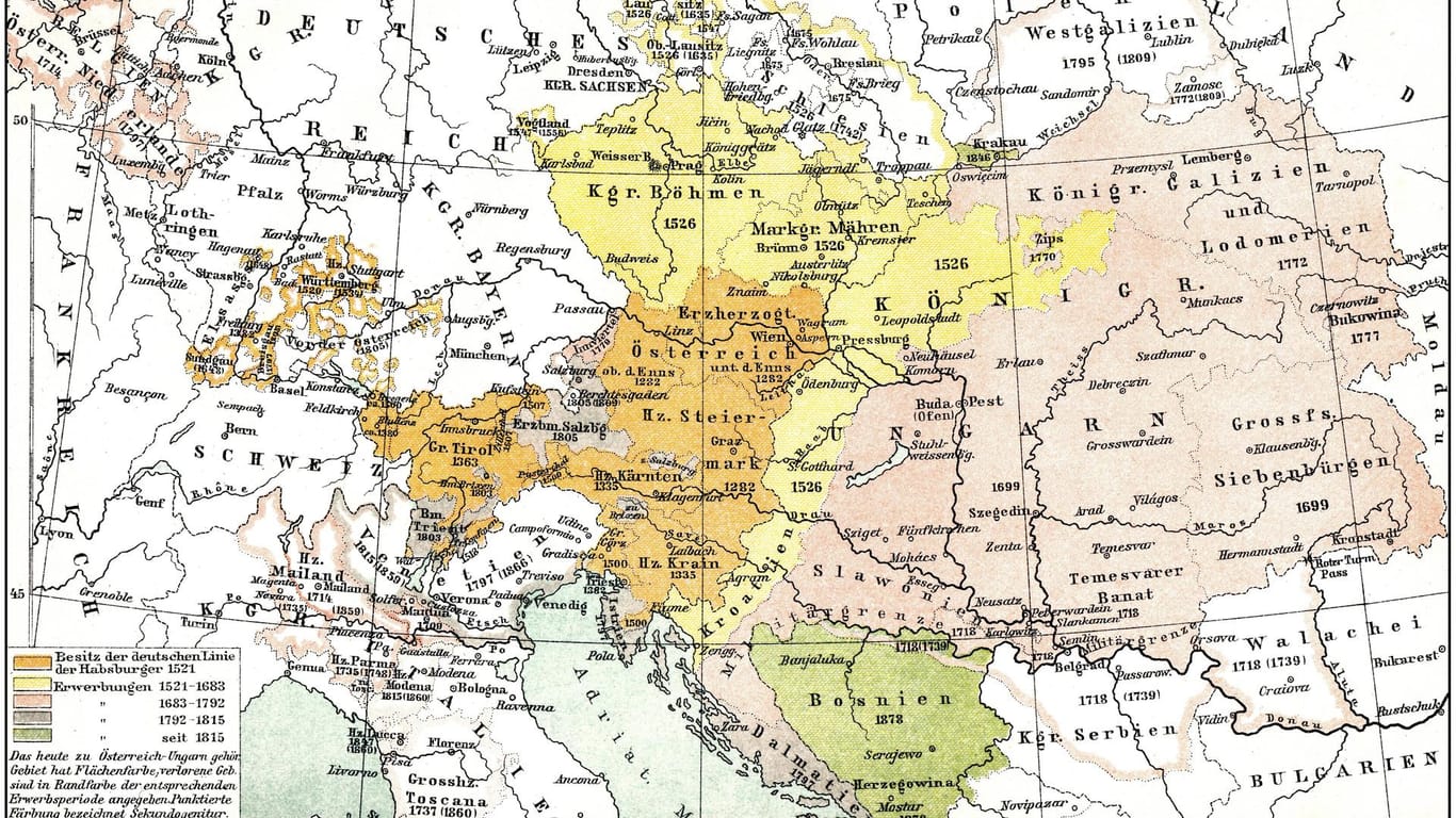 Die historische Landkarte zeigt die Ausdehnung Österreich-Ungarns.