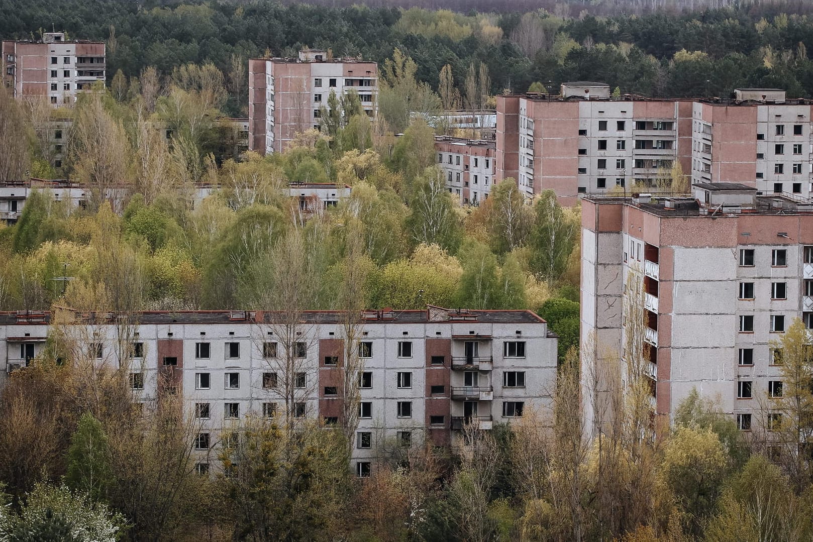 Hochhäuser in der verlassenen Stadt Prypjat, die nahe des verunglückten Kernkraftwerks Tschernobyl liegt.