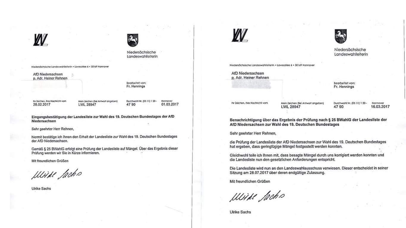 Diese Briefe veröffentlichte Niedersachsens AfD. Landeswahlleiterin Ulrike Sachs sagte, sie seien Fälschungen.