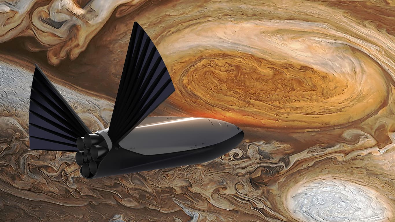 Die Illustration zeigt ein SpaceX-Raumschiff beim Anflug zum Mars.