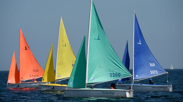 Bunte Boote der Klasse Hansa 303 bei einer Regatta auf der Ostsee.