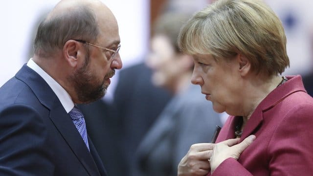 Konkurrieren um das Amt des Bundeskanzlers: Die amtierende Kanzlerin Angela Merkel (CDU, r) und SPD-Kanzlerkandidat Martin Schulz. Konkurrieren um das Amt des Bundeskanzlers: Die amtierende Kanzlerin Angela Merkel (CDU, r) und SPD-Kanzlerkandidat Martin Schulz.