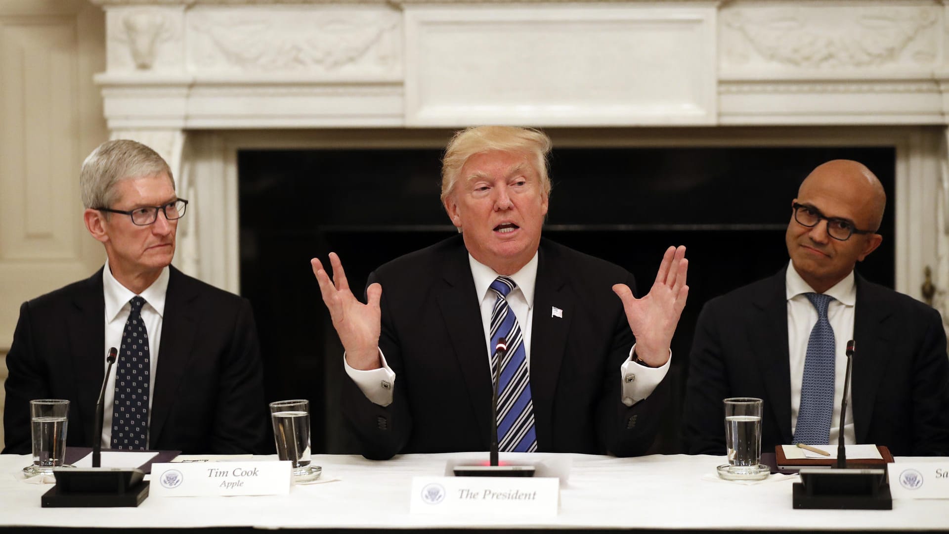 US-Präsident Donald Trump trifft sich mit den Chefs führender US-Technologieunternehmen, wie Apple-Chef Tim Cook (l) und Microsoft-Chef Satya Nadella (r). US-Präsident Donald Trump trifft sich mit den Chefs führender US-Technologieunternehmen, wie Apple-Chef Tim Cook (l) und Microsoft-Chef Satya Nadella (r).