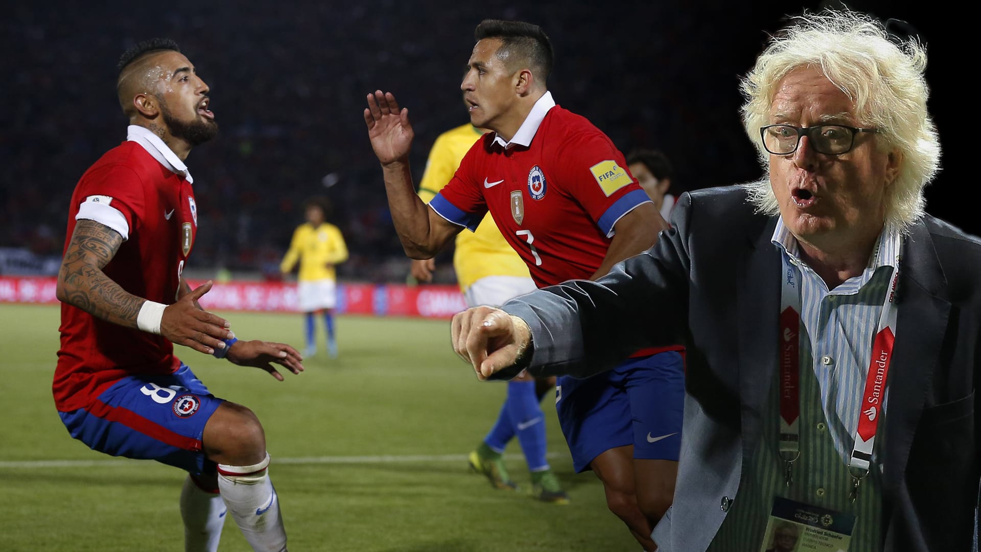 Winfried Schäfer (r.) warnt vor der Offensivstärke Chiles. Der Südamerikameister hat mit Vidal (l.) und Sanchez zwei herausragende Spieler in seinen Reihen.