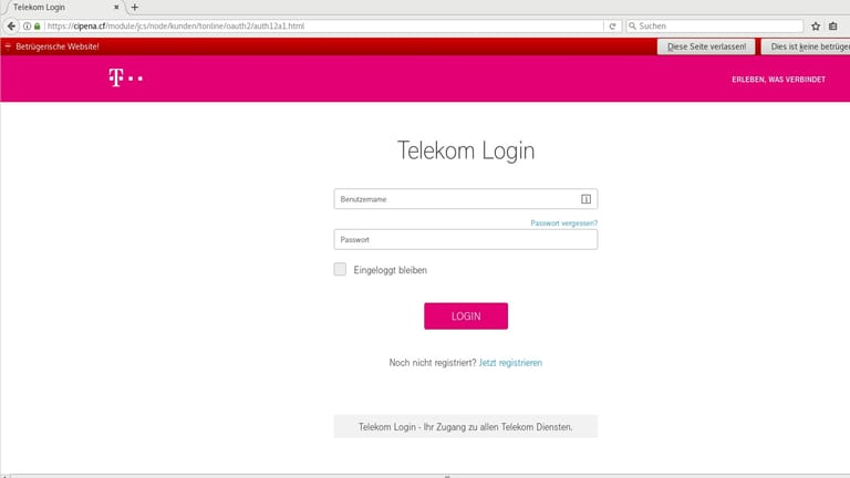 Die gefälschte Telekom-Webseite der Betrüger