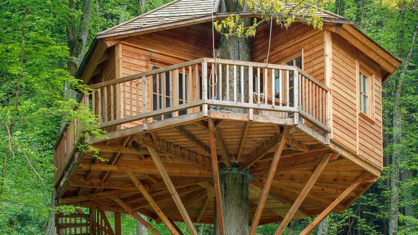 Baumhaus Cottage im Baumhaushotel Seemühle – rund um eine 400 Jahre alte Mühle gruppieren sich sechs Baumsuiten zwischen Eichen und Buchen.